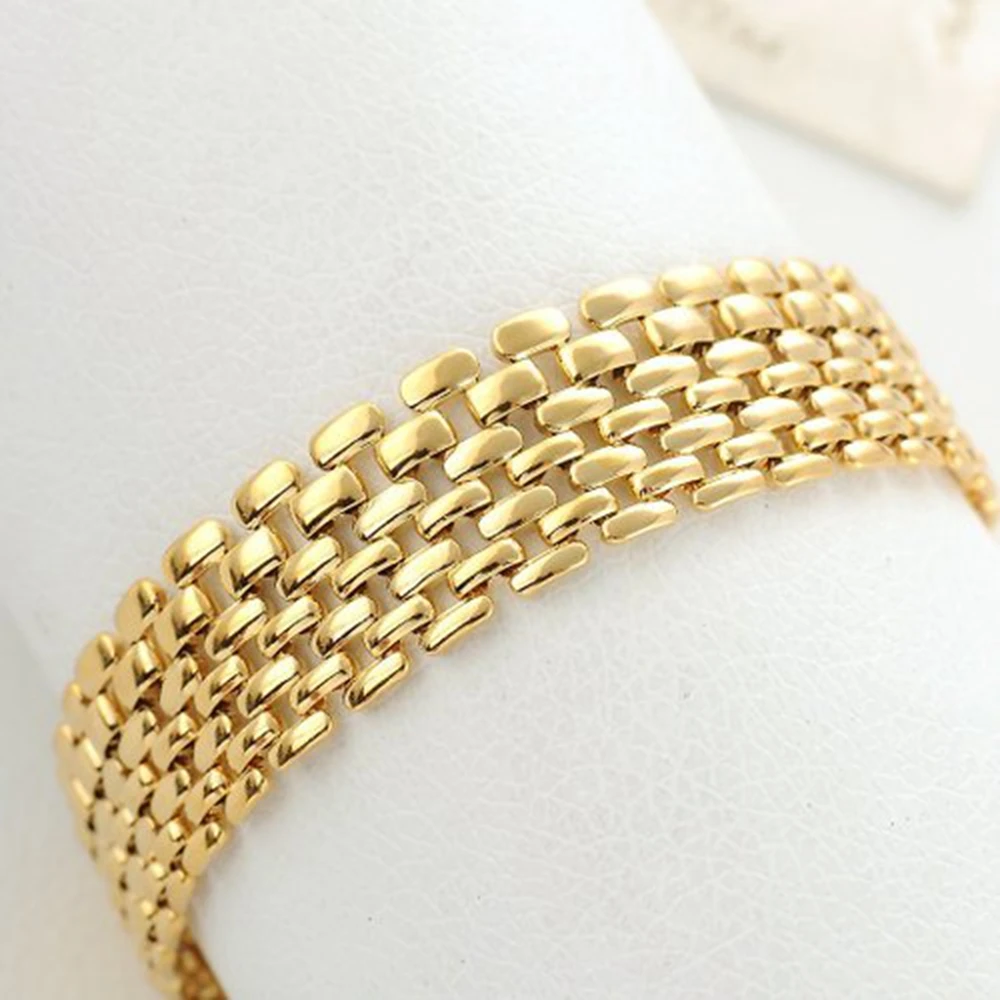 Wide Mesh Wrist Bracelet Chain Real 18k Gold Color Trendy Bracelet For Women Men 8.3\