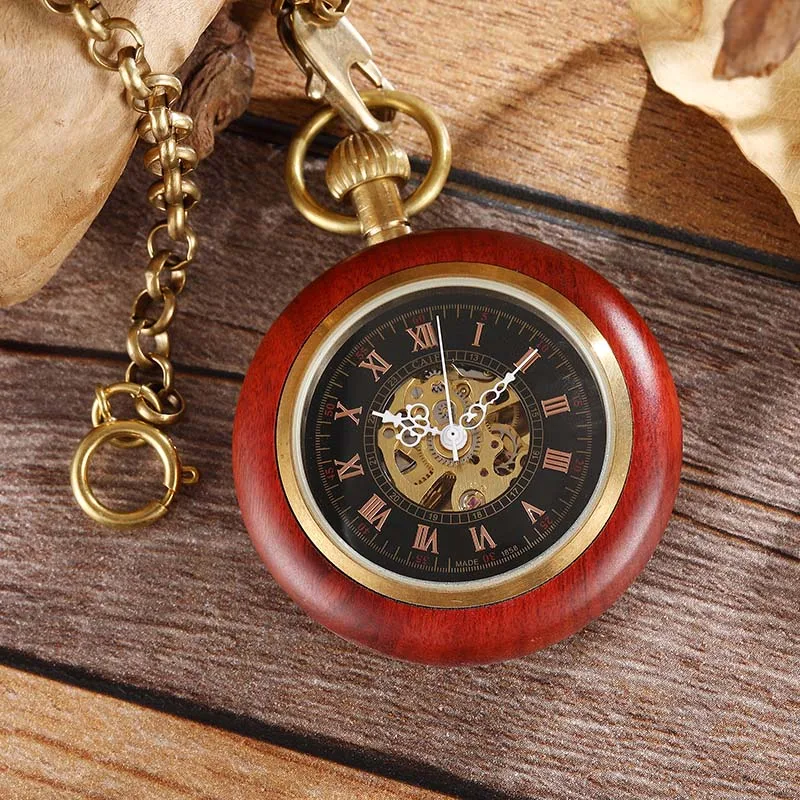 Retro Wooden Pocket Mechanical Watch Men & Women Hand Wind Chain Necklace Red Rose Black Wood Watches for Men and Women Unisex