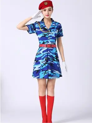 Frühling Sommer Frauen Military Kleidung Camouflage Anzüge Frau Soldaten Tanzen Kleid Square Dance Performance Kostüm Blau Grün