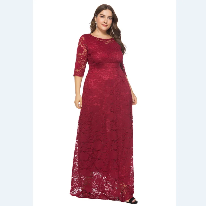 YYT-0092 # Europese Amerikaanse Mode Avondjurk Lange Pocket Kant Wijn Rood Donker Blauw Wit Abrikoos Jurken Plus Size Groothandel