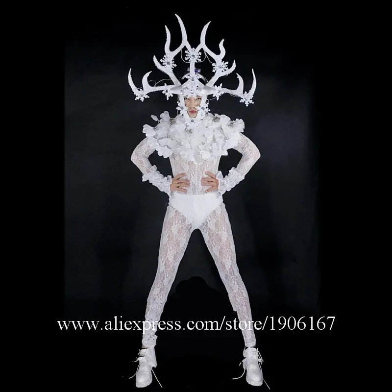 White Feathers Stage Ballroom Costume Led Light Antlers Head Clothing Party Christmas Performance DJ Singer Clothes Dance Suit