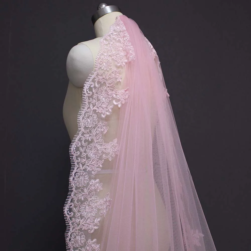 Customized New Arrival Pink Long Wedding Veil with Comb One Layer 3 Meters Cathedral Bridal Veil Colorful Voile Mariage