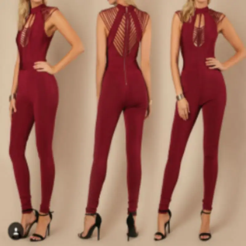 New Fashion women bodycon bandage jumpsuits wine red rayon knitted casual bandage bodysuit evening club party pencil pants