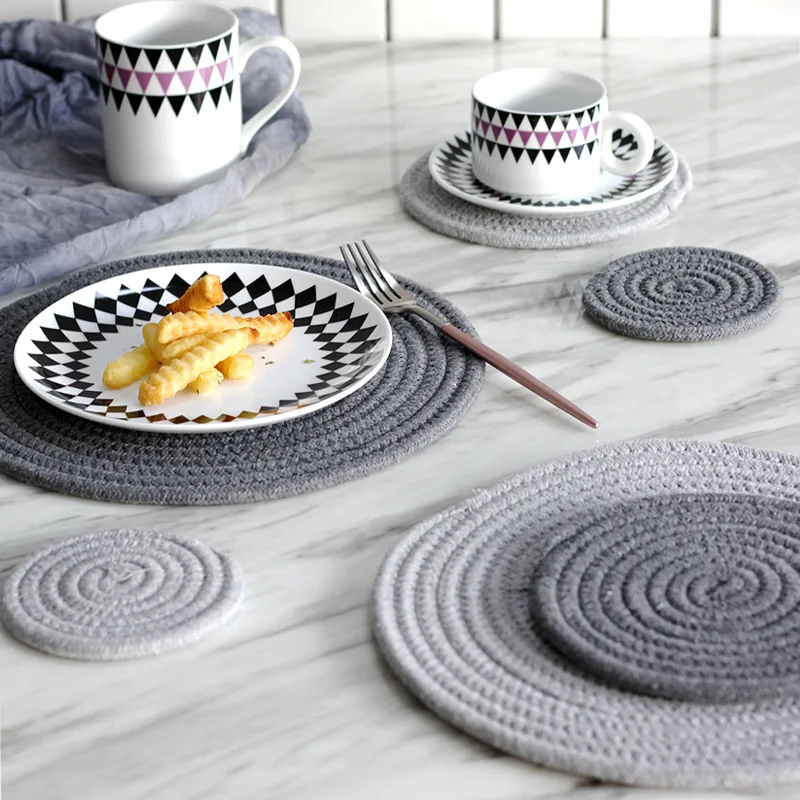 Placemat Pad Coasters Kitchen Table Mats Cotton Linen Knitting Bowl Mats Padding Mat Insulation Pad Round Placemats Hand-made