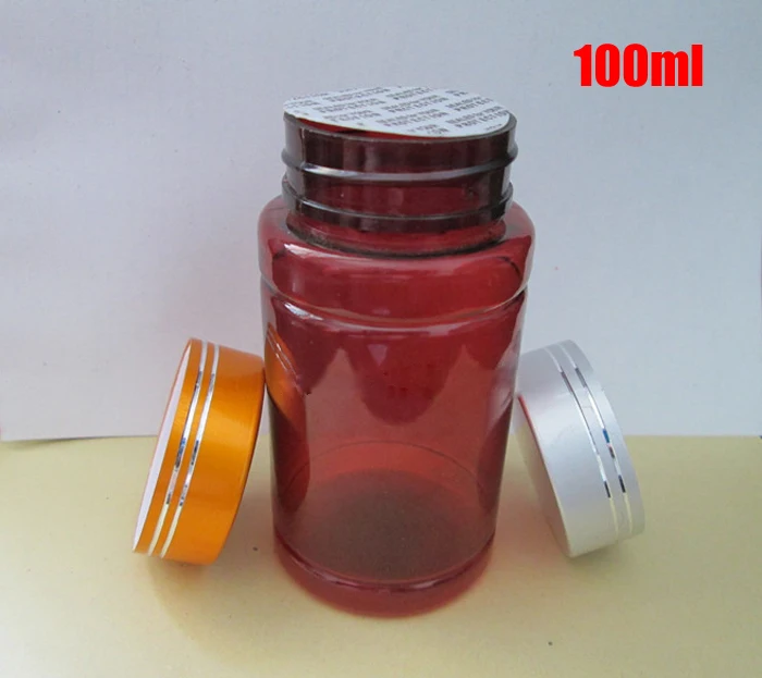 100pcs 100ml Translucent Brown Wide Mouth PET Bottles, Plastic Packing Bottles, Capsules Container--Golden & Silver Metal Caps