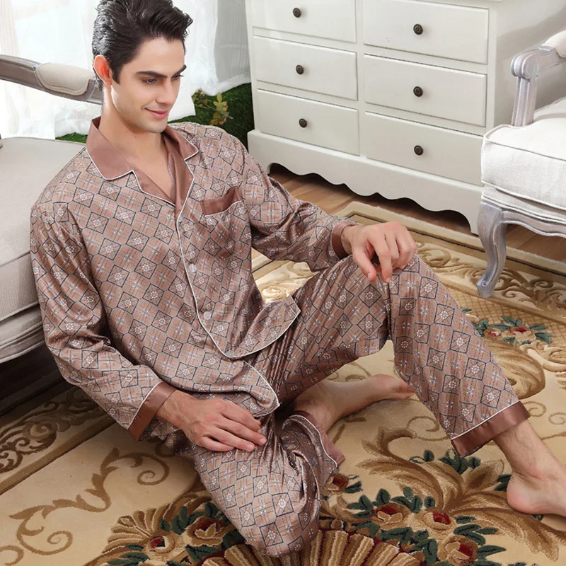 Men\'s Silk Sleepwear Long Sleeve Adult Silk Pyjamas Mens Pajama Sleepwear Set Loungewear Plus Striped Print Plus Size D-2165