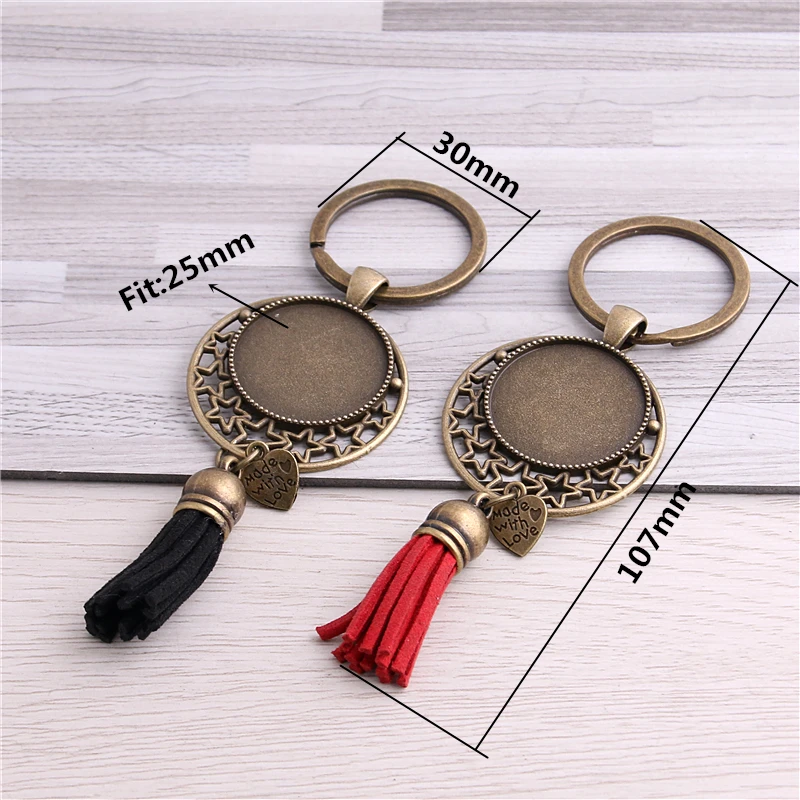 SWEET BELL 5pcs 9 Color Metal Tassels Key Rings Chain Filligree star  Fit round 25mm Cabochon Logo Pendant Diy Jewelry D6455