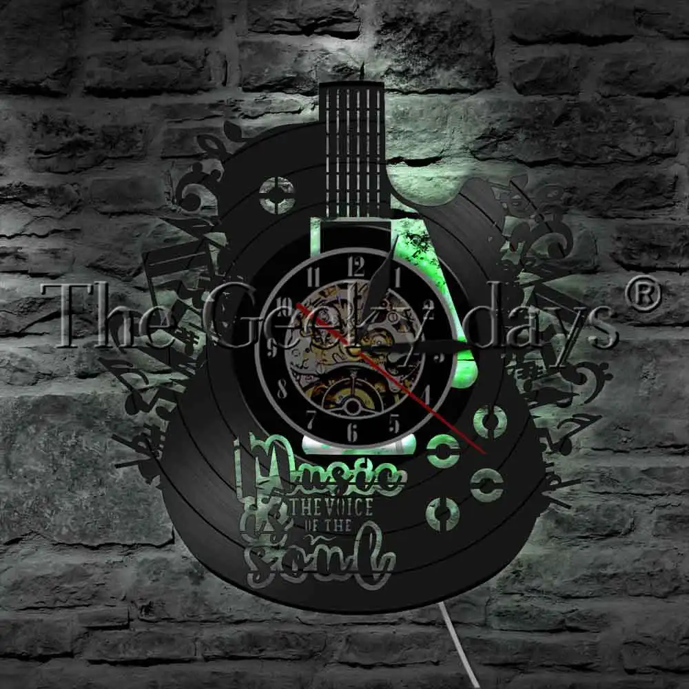 

Muisc Is The Voice In The Soul Home Decor Wall Watch LED Hanging Lamp Guitar Musical Instrument Vinyl Record Wall Clock