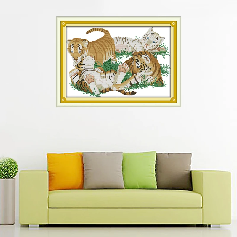 Freude Sonntag Vier little tigers DMC 11ct Leinwand 14ct gedruckt Gezählt Chinesische Kreuzstich Kits Stickerei Wohnkultur