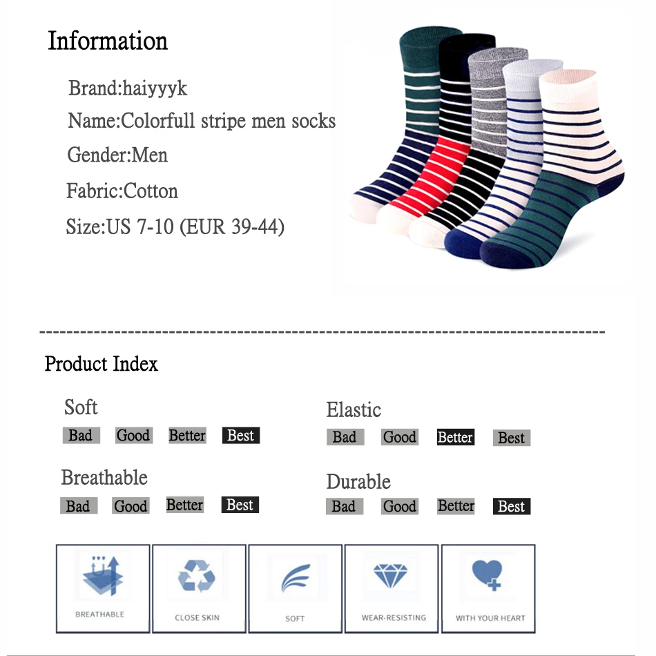 Men\'s Chromatic Stripe Cotton Socks Breathable Sofl Comfortable Socks Men Size US 6-10 (EUR 38-44)