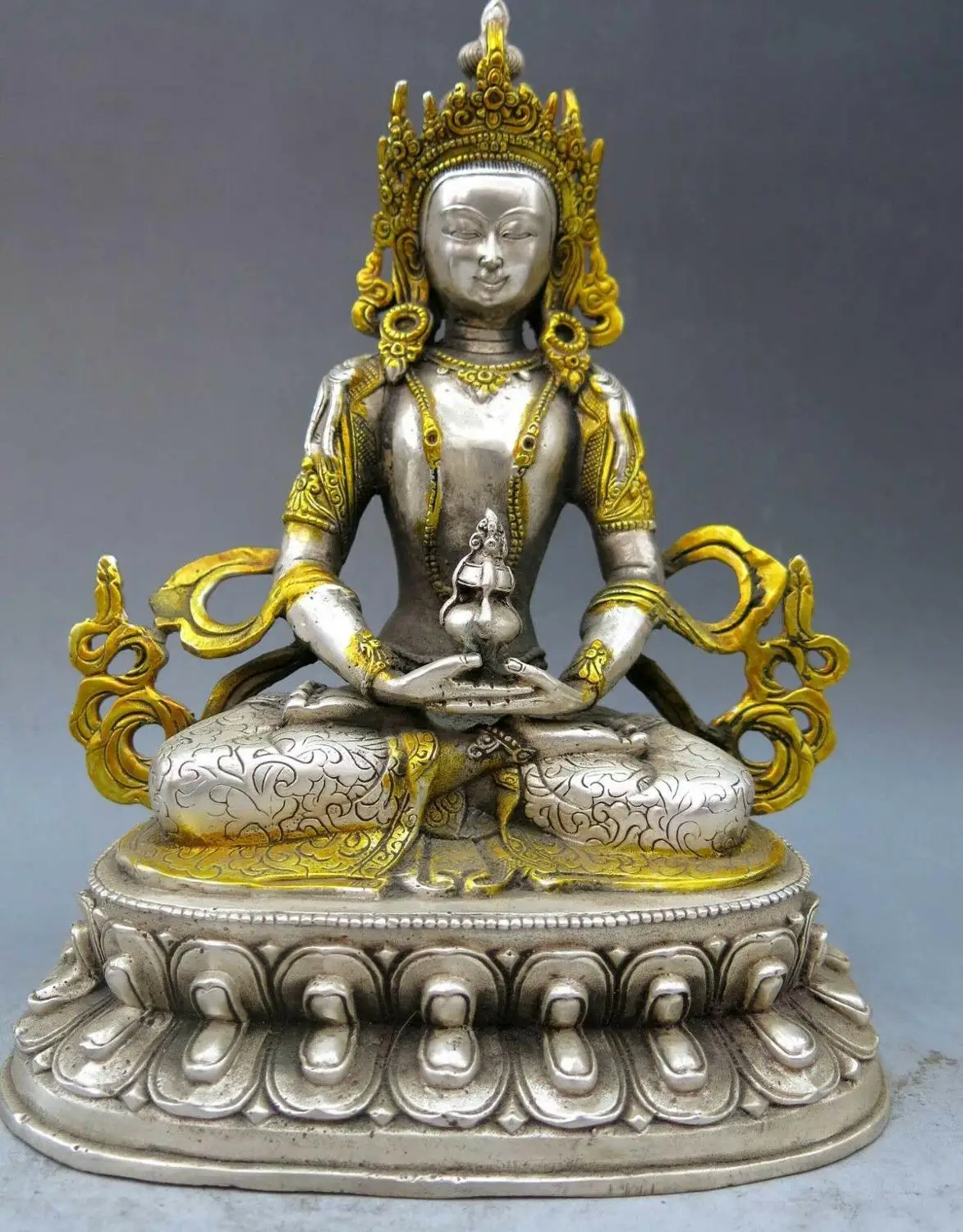 China silver gild handwork carved fine buddhism Amitabha Buddha sculpture Statue