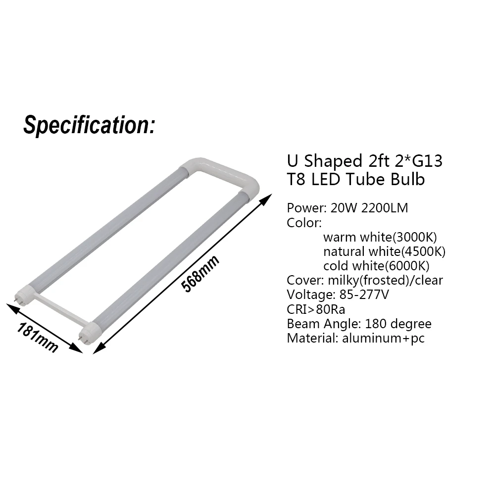 U shaped LED Tube Bulb 2ft 20W 2200LM T8 G13 Bi-pin square fixture Light Retrofit Fluorescent Lamp 110V-277V