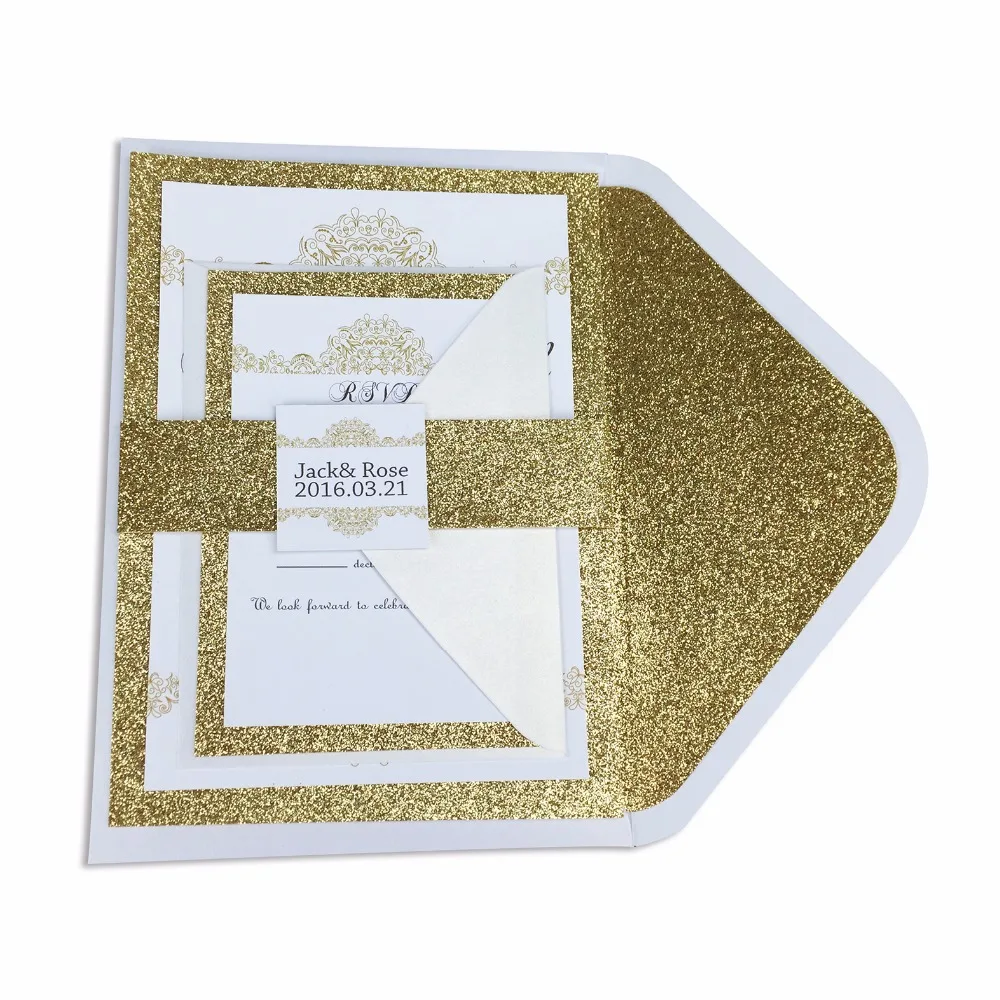 

30pcs/lot glitter liner envelop Gold decorated invitation and RSVP set ( including belly band and tag) GDD005V102