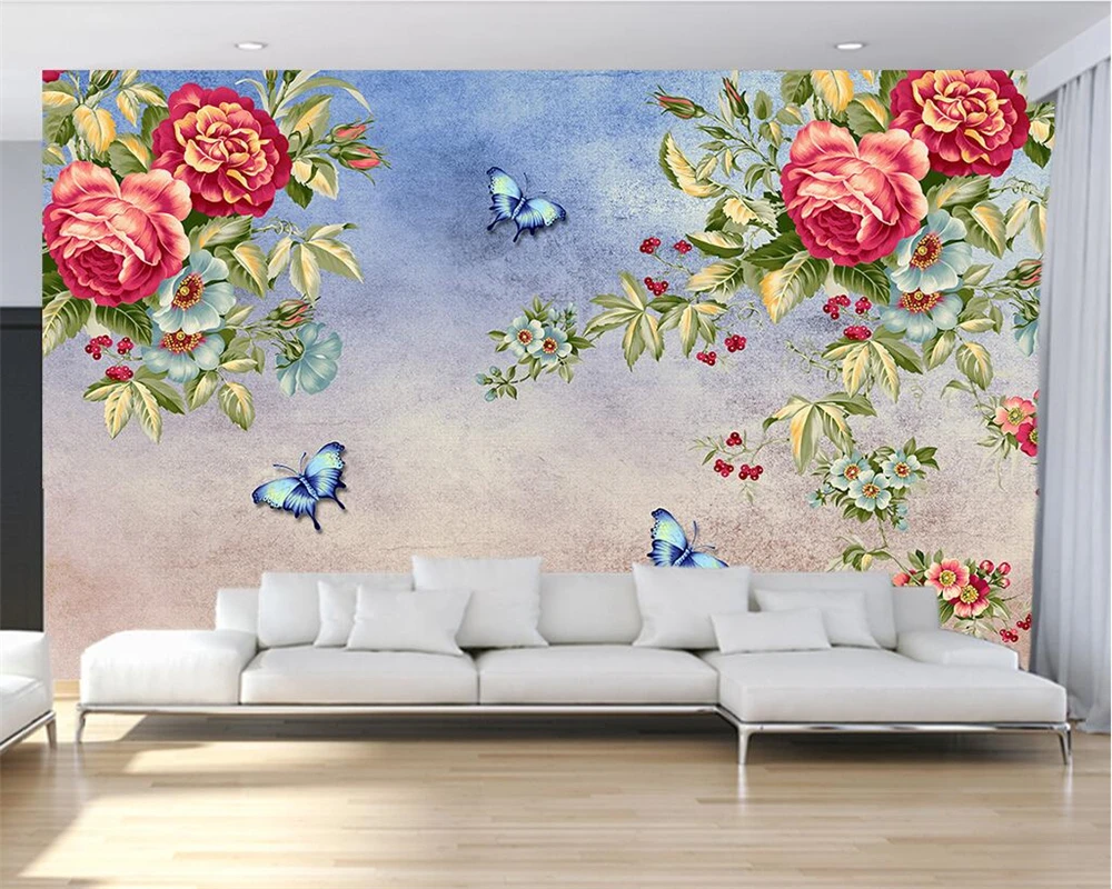 

Custom wallpaper butterflies flowers hand-painted flowers Chinese living room TV background wall 3d wallpaper