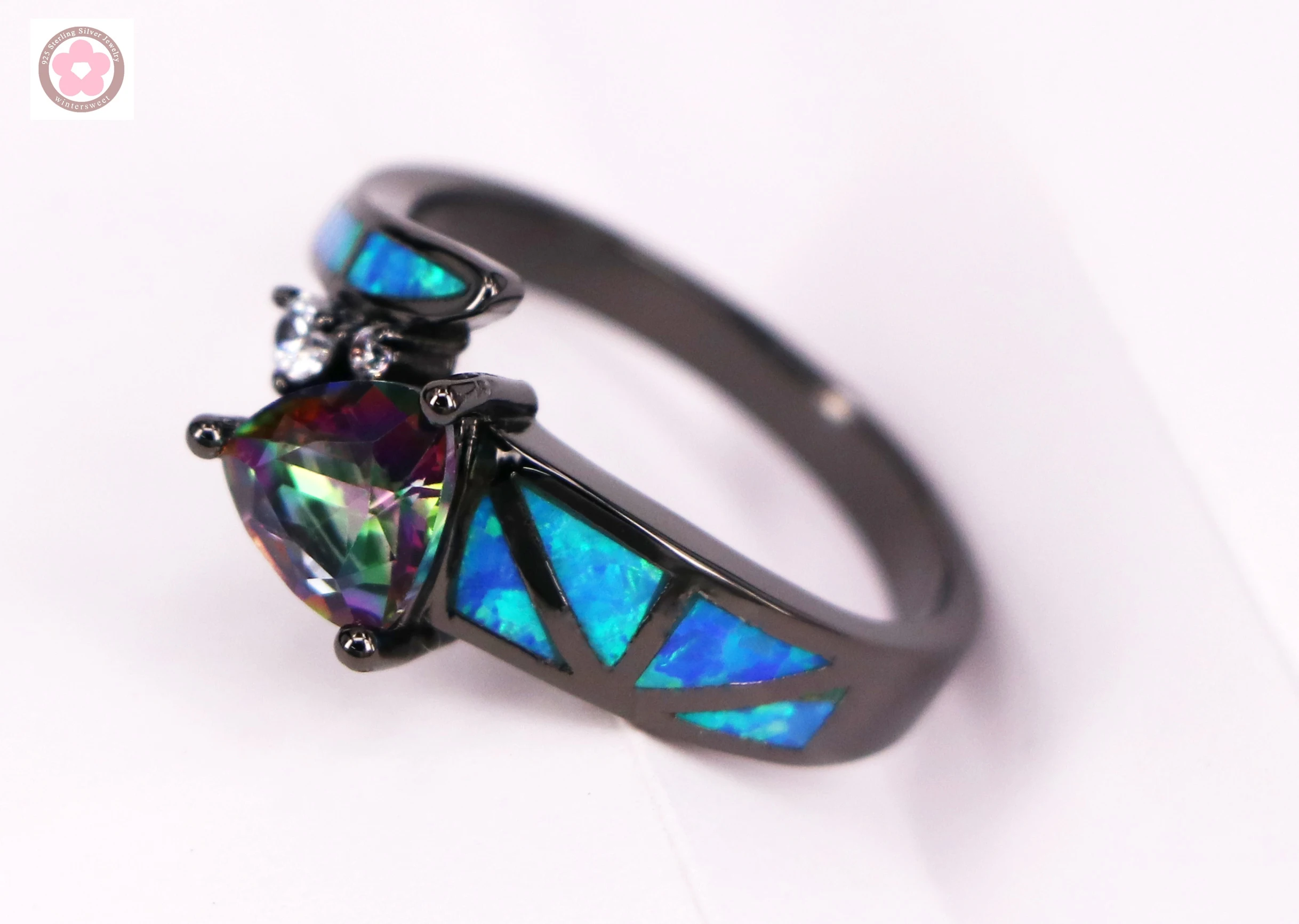 JLR-219 خاتم الروديوم الأسود مع أوبال النار المنشور وترصيع العقيق الأزرق الهندسي، خاتم كوكتيل قوطي قابل للتكديس للنساء، مطلي J #2