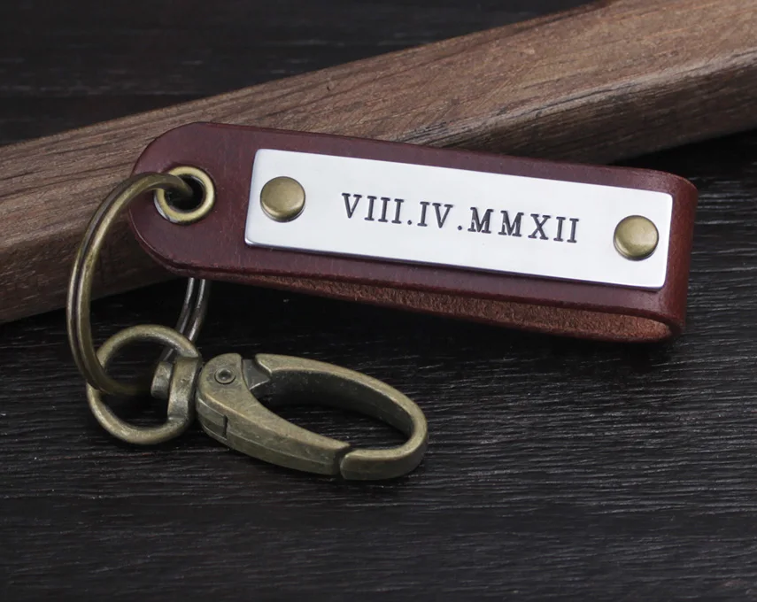 

Personalized Leather Keychain - Any Roman Numeral or Text Keychain- Anniversary Date Keyring - Boyfriend Gift