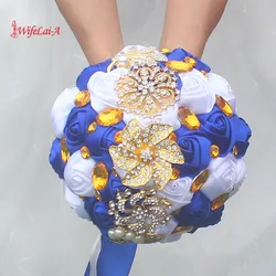 WifeLai-A Gold Brooch Hand Holding Flower Bouquets Custom Royal Blue Ivory Bridal Bridesmaid Crystal Silk Wedding Bouquet  W227