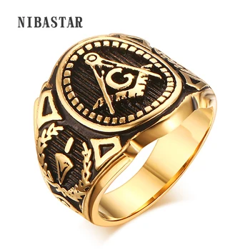 パンクニューメンズステンレススチールフリーメーソンゴールドカラートーンバイカーリングサイズ8-12 #