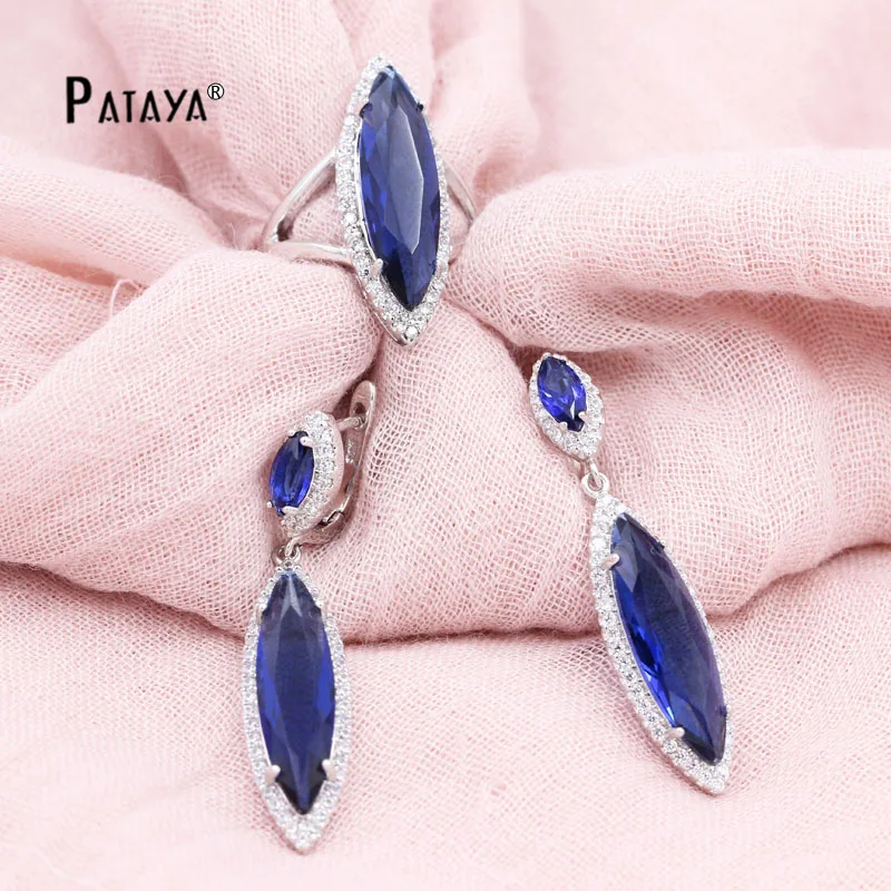 PATAYA New Dark Blue Horse Eye Natural Zircon Earrings Ring Set True White Gold Color Jewelry Women Wedding Luxury Jewelry Set