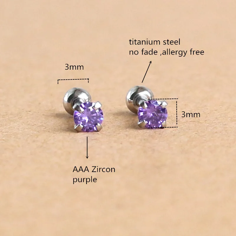 Titanium  Screw Stud Earrings With 3mm Purple AAA Zircon 316L Stainless Steel No Fade Allergy