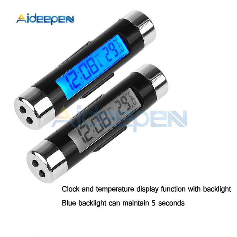 2 in 1 Car Auto Thermometer Clock Temperature LCD Display Screen Clip-on Digital Blue Back Light Automotive Accessories Portable