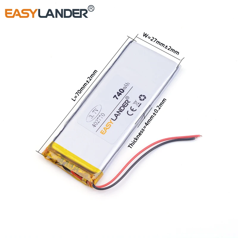 Bateria recarregável do polímero do Li-íon do lítio, 402770, 740mAh, 3.7V