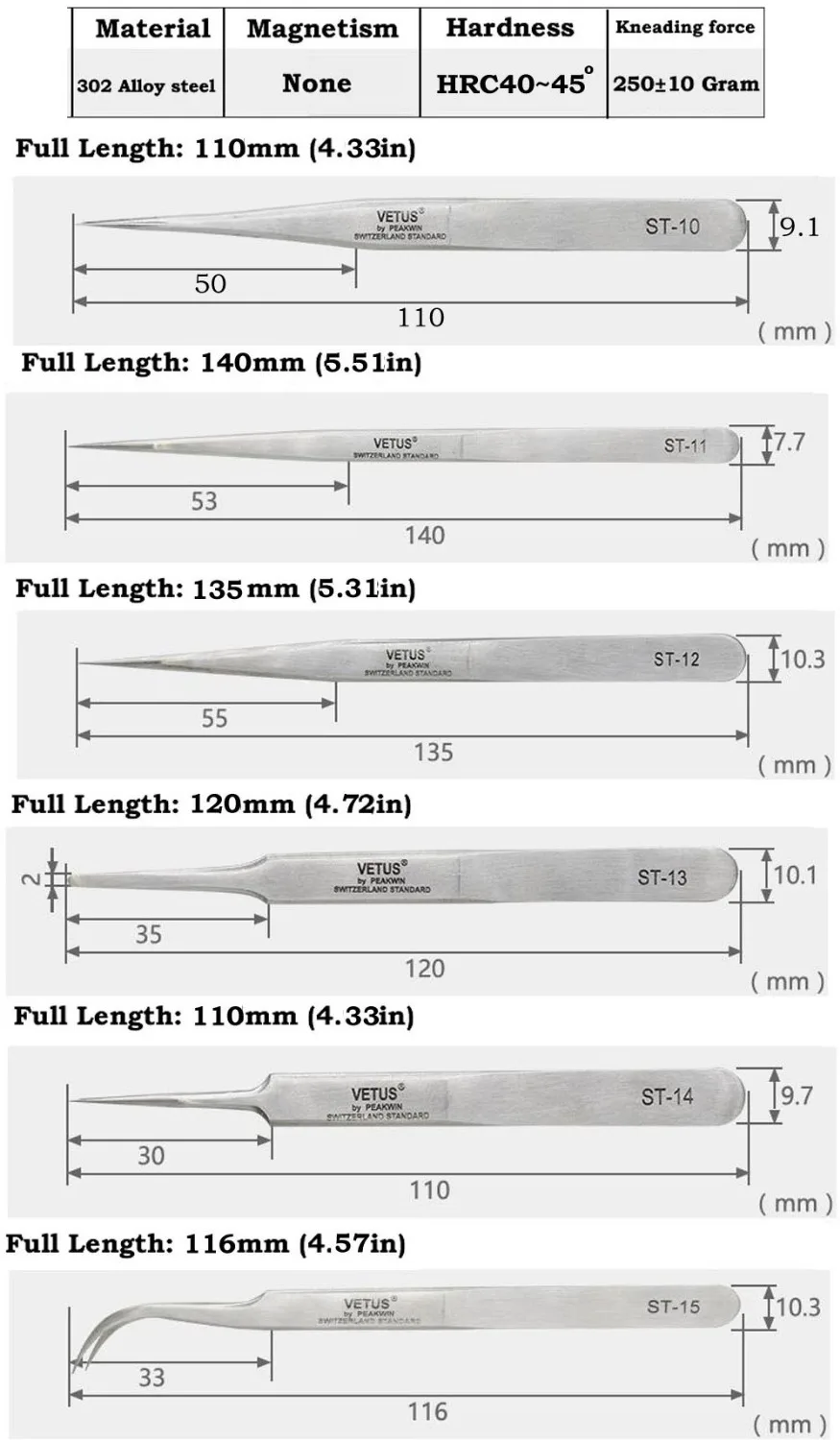 Pack of 6 VETUS ST Series Makeup Repair Tools Stainless Steel Tweezers Anti-Acid None Magnetic for False Eyelash Lab Clamping