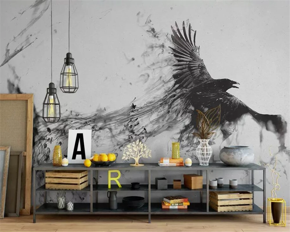 

beibehang Large Custom Wallpaper HD black and white ink Flying bird Wallpaper living room TV background Silk cloth 3d wallpaper