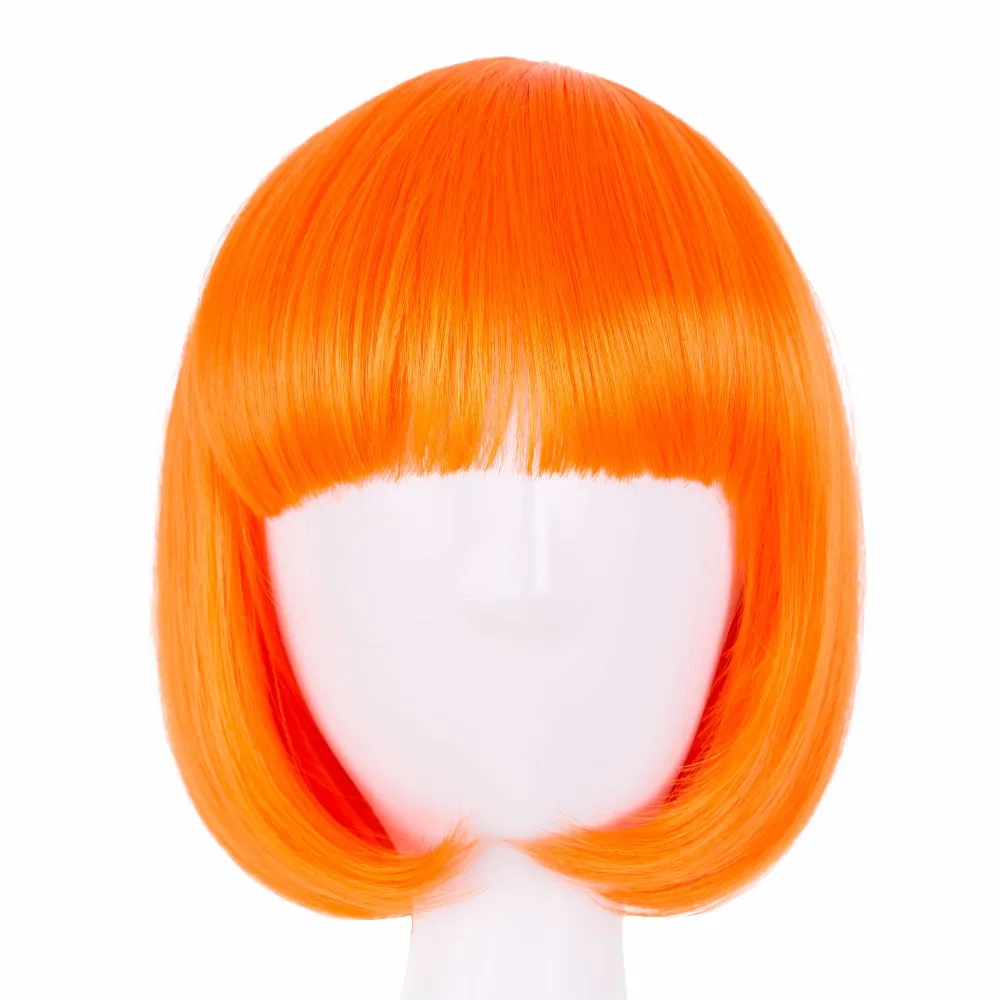 Fei-Show Short Wavy Wig Flat Bangs Bob Orange Hair Synthetic Heat Resistant Halloween Party Salon Costume Cos-play Hairpiece