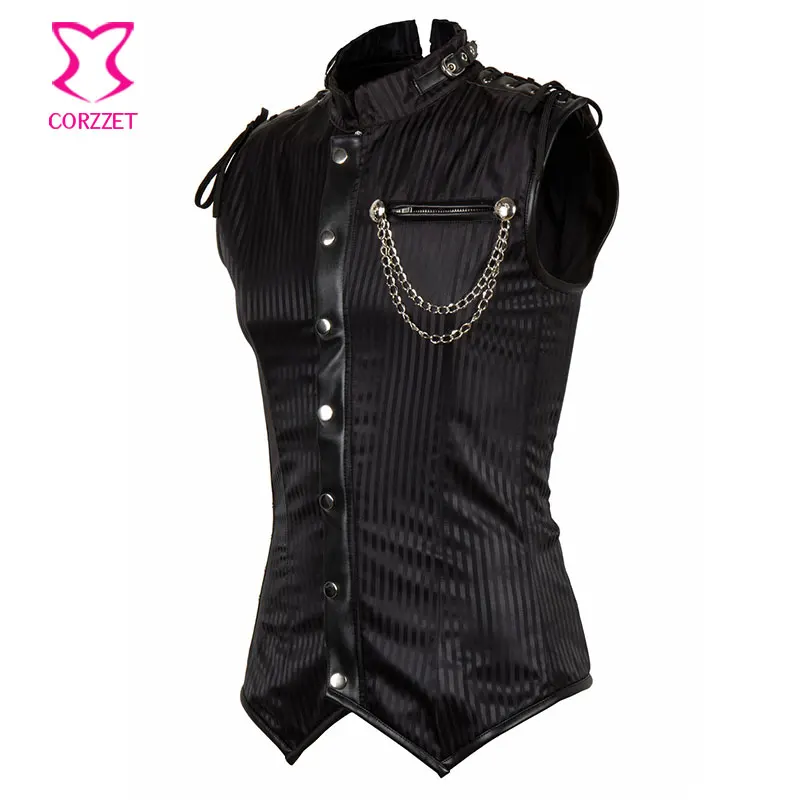 Black Striped Collar Long Sleeveless Vest Vintage Coats Corset Jacket Steampunk Waistcoat Mens Gothic Clothing Plus Size 6XL