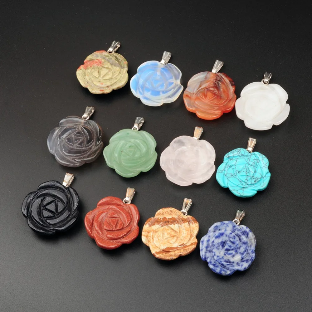 

12pcs/lot 33mm Genunine Obsidian Natural Stone Carved Gem Beads Rose Flower Clear Quartz Crystal Charms Pendants for Making Free