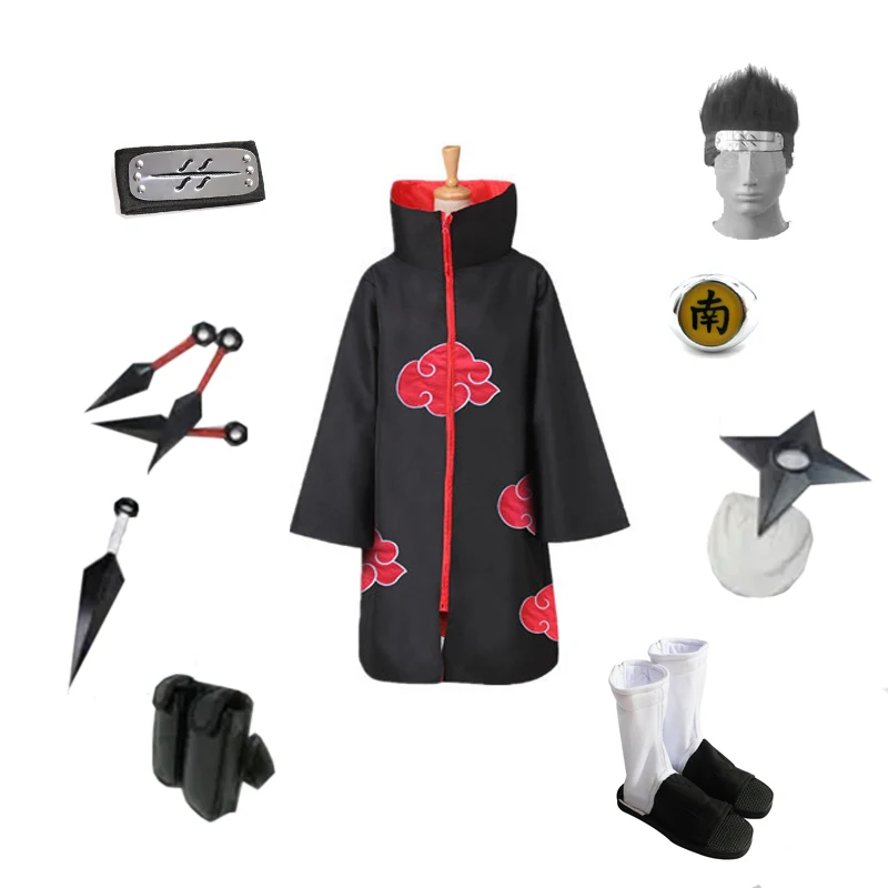 Brdwn Akatsuki Hoshellogaki Kisame Ninja Cosplay costume (red cloud cloak+headband+shoes+Accessories)