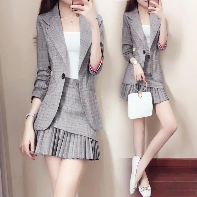 

Plaid Small Suit Set Skirt Suit Women's Spring Autumn Fashion Single Button Blazer Jacket + Pleated Skirt Two-piece Set 868