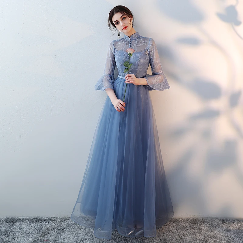 S0100 Custom Made Beautiful Embroidery Lace Tulle Blue Long Bridesmaid Dresses Women Prom Ceremony Party Dress Girl Formal Gown