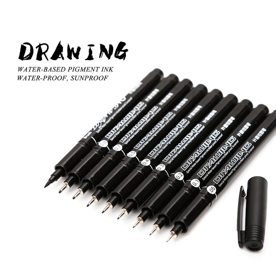 9 Pcs/Set Creative Black Pigment Liner Neelde Water-proof Drawing Pen Pigma Micron Sunproof Marker Pen For Sketching Hook Art