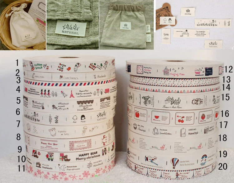 20 Mixed Designs Zakka 100% Cotton Printed Ribbon, 1M of Each Design, Fashion Sewing Labels, DIY non-woven