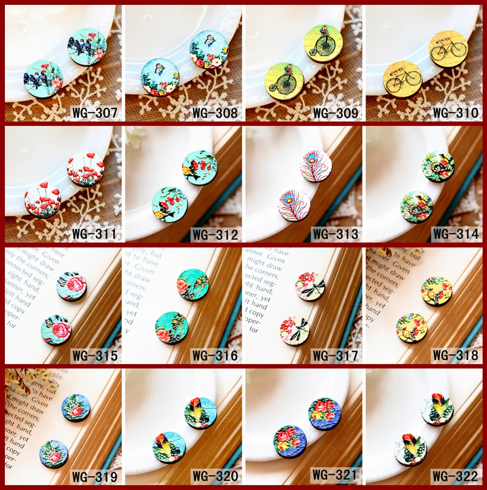 

10PCS (307-322) Unique Laser Cut wood 3D Embossed 16mm Round Coloured Drawing pattern Cabochon DIY for Rings, Earring Button