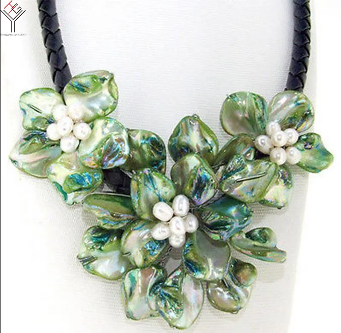 3 flowers pendant Women Jewelry natural white pearl bright green shell mother of pearl necklace black leather 18