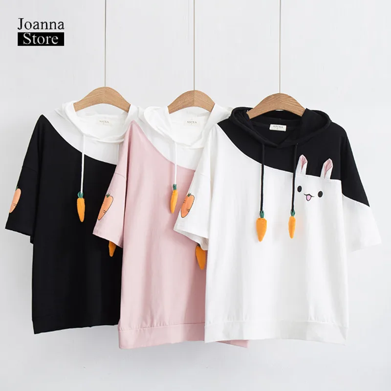 

Kawaii rabbit hoodies carrot print sweatshirt harajuku plus size streetwear japanese summer fall women clothes patchwork hooded