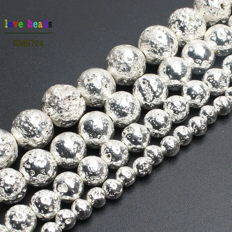 Rose Gold Silver Color Natural Lava Stone Round Hematite Beads for Needlework Jewelry Making Bracelet Necklace Accessories 15\'\'
