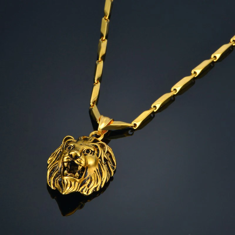 316L Stainless Steel Lion Head Necklaces Pendant Mens Gold Color RU Hot Link Chain & Pendant Punk Jewelry For Man Male