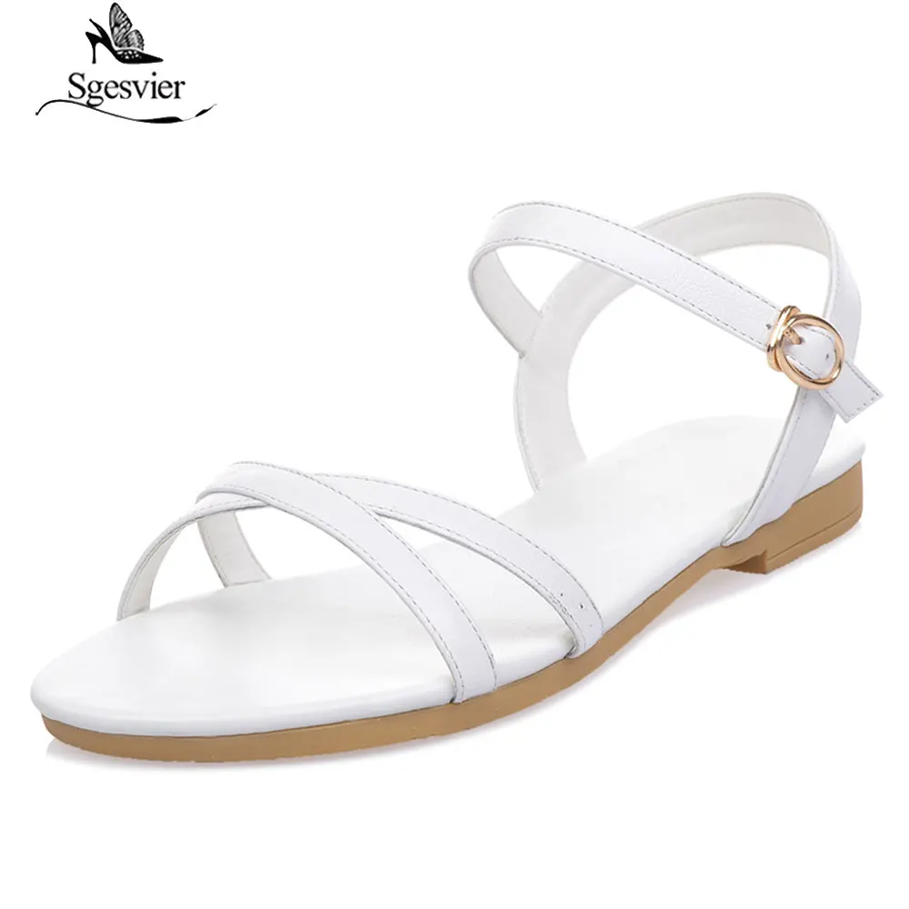 Sgesvier Size 33-46 2020 new women sandals simple buckle summer shoes genuine leather ladies comfortable flat sandals G289