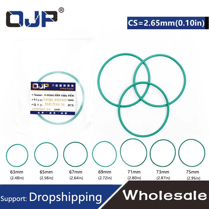 1PC/lot Fluorine rubber Green FKM O ring Seal CS2.65mm ID 63/65/67/69/71/73/75 mm Rubber ORing Seal Gasket