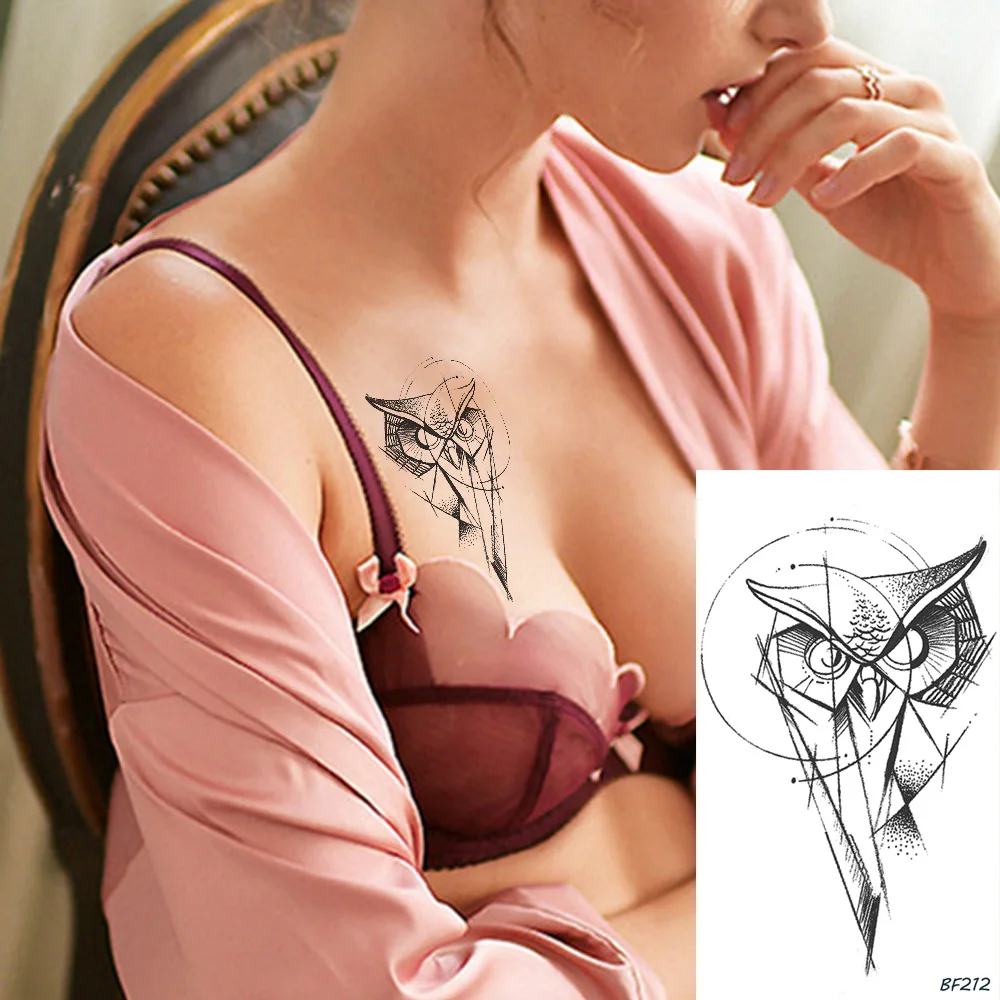 

Temporary Tattoo Stickers Women Body Art Arm Owl Water Transfer Tatoos Girls Sexy Chest Fake Black Geometric Eagle Tattoo Decals