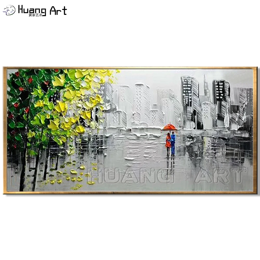 Pure Hand-painted Knife Tree Landscape Oil Painting on Canvas for Living Room Decor Lovers in the Rain Scenery Wall Painting