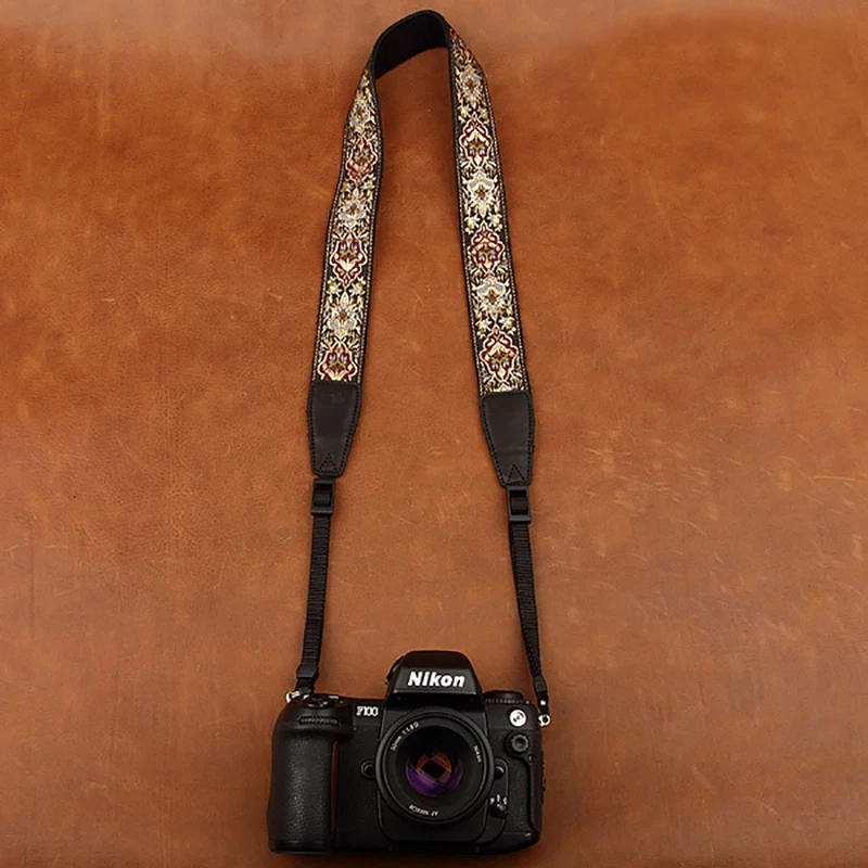 Cam8411 embroidered camera strap, soft cotton digital camera neck strap leather lanyard adjustable length