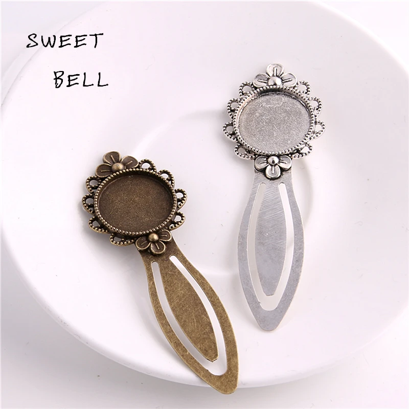 Sweet Bell 8pcs Two Color Alloy Cameo Flower Steel Bookmarks 20mm-28*83mm Round Cabochon Settings Jewelry Blank Charm 13C1633