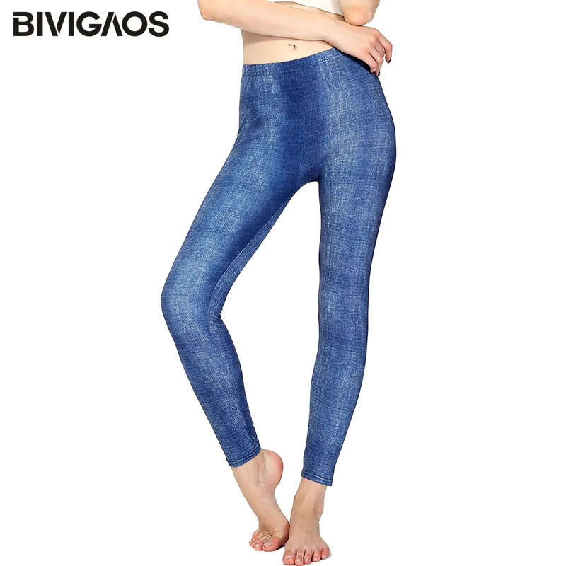 

BIVIGAOS Womens Fashion Faux Jeans Leggings Punk Rock High Stretch Printed Denim Leggings Push Up Gothic Sexy Jeggings For Women