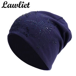 Lawliet Winter Beanies Hat Flower Diamond Knitted Hat for Women Warmer Fleece Lining Bonnet Cap Elegant Ladies Turban Hat A408