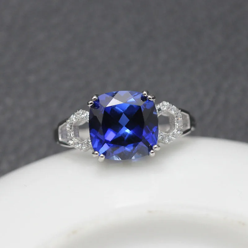 blue stone jewelry rings for women 925 sterling silver blue corundum ring trendy square shape Resizable free shipping